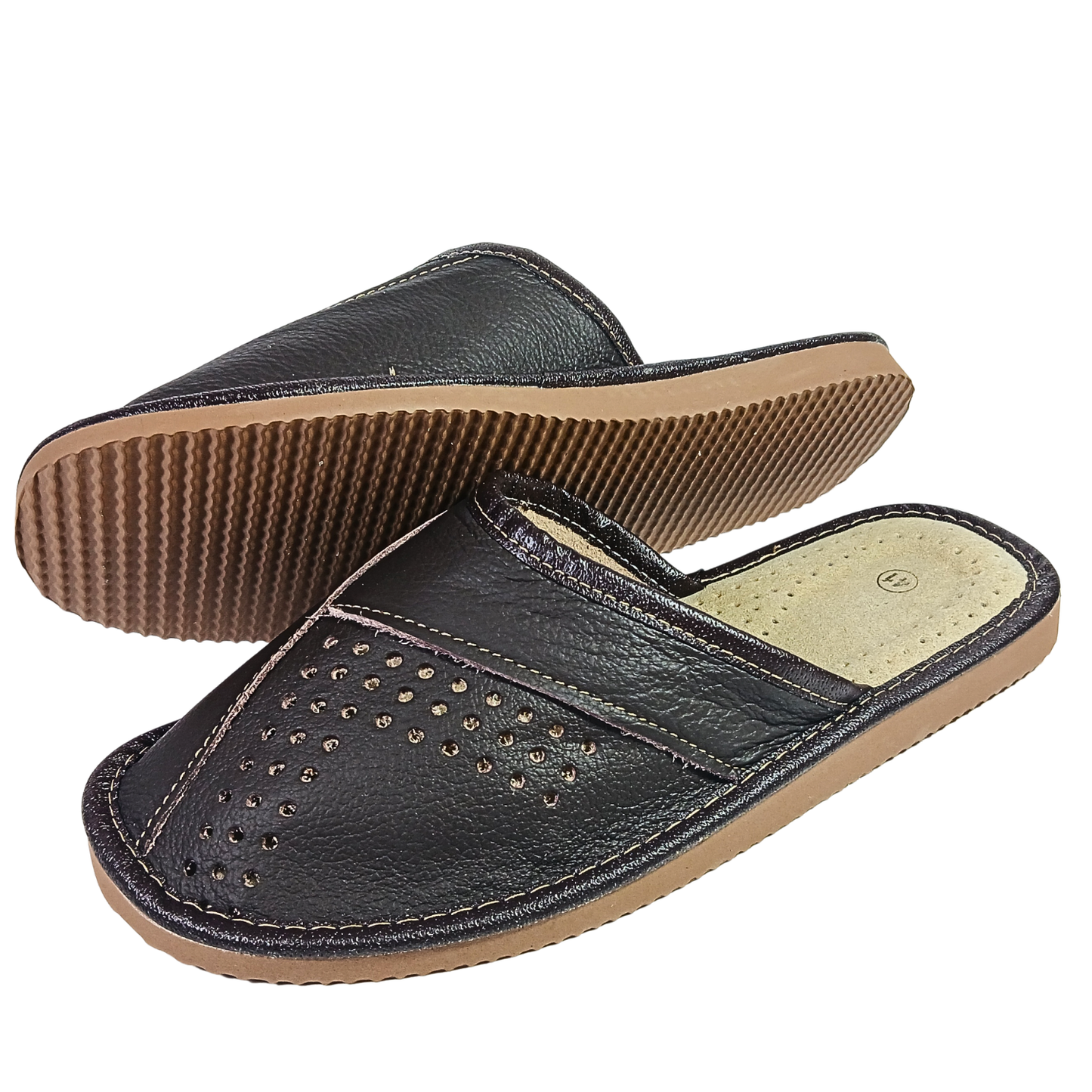 Top-down view of men's dark brown closed-toe leather slipper showing perforated dot cluster and cream leather insole — The Leather Gift Co