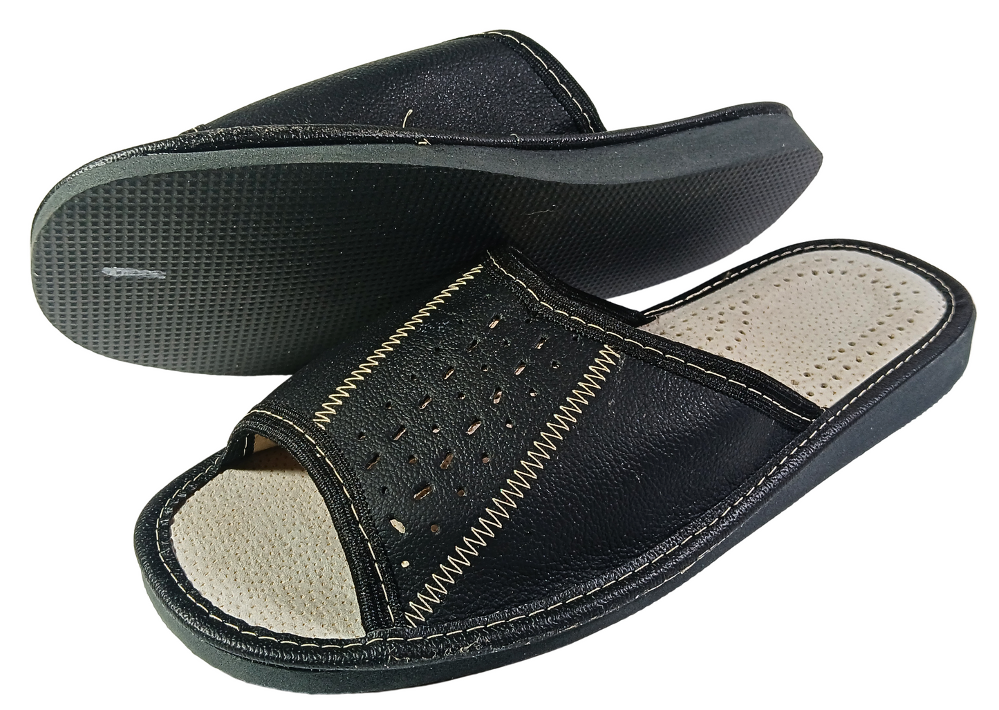 Men's handmade black leather open toe flip flops, non-slip rubber sole, free EU shipping - The Leather Gift Co