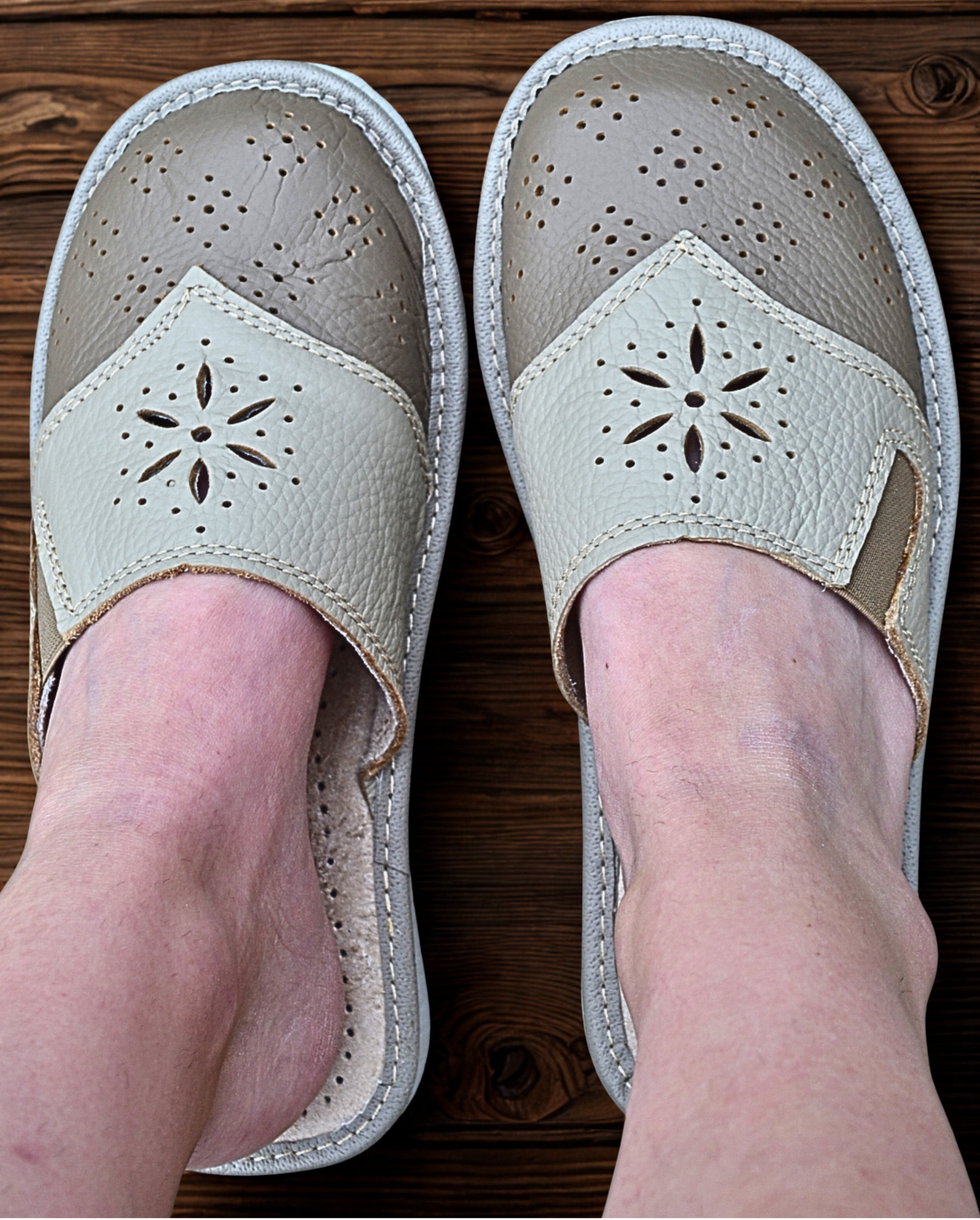 Pair of women's cowhide leather house slippers, wide fit, handcrafted in Poland, free EU shipping - The Leather Gift Co
