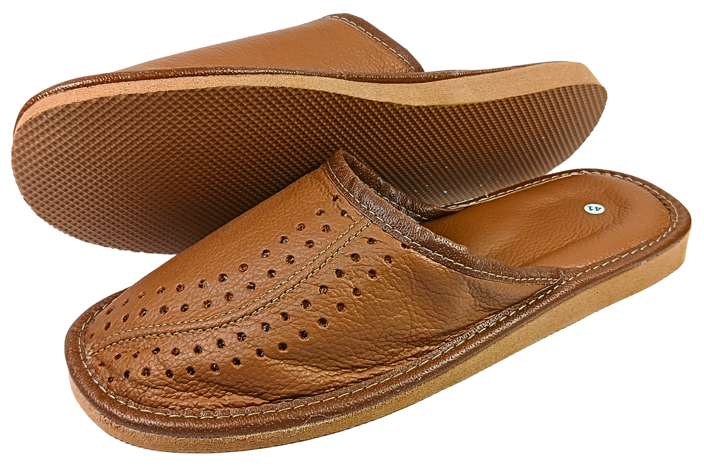 Handmade Polish leather slippers for men — sheepskin insole, tan brown, indoor use