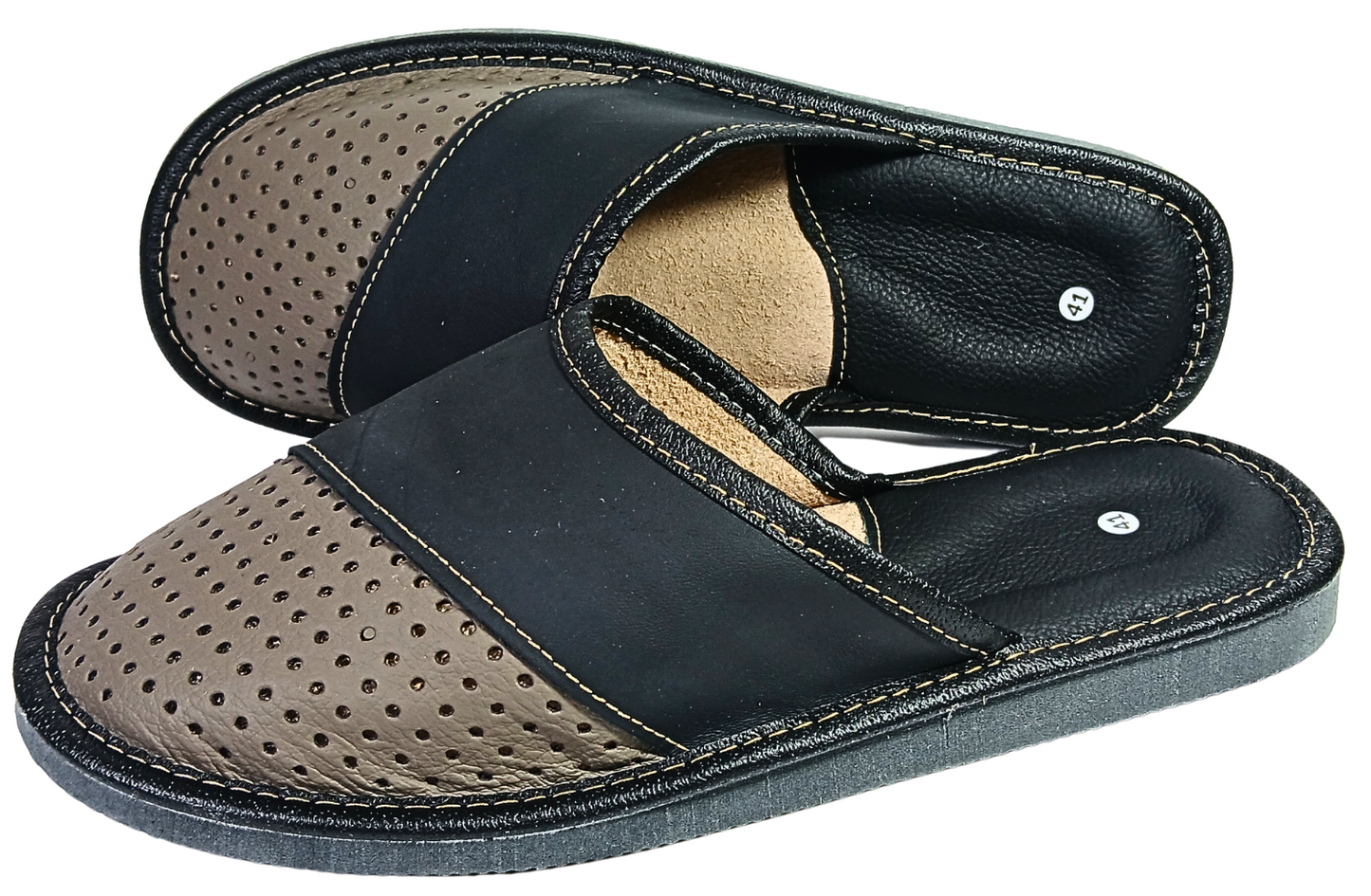 Black beige leather slippers for men — indoor wear, breathable closed toe, handmade in Poland