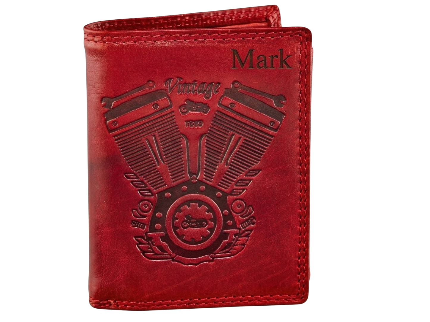 Personalized Red leather wallet with engine design and 'Mark' engraving