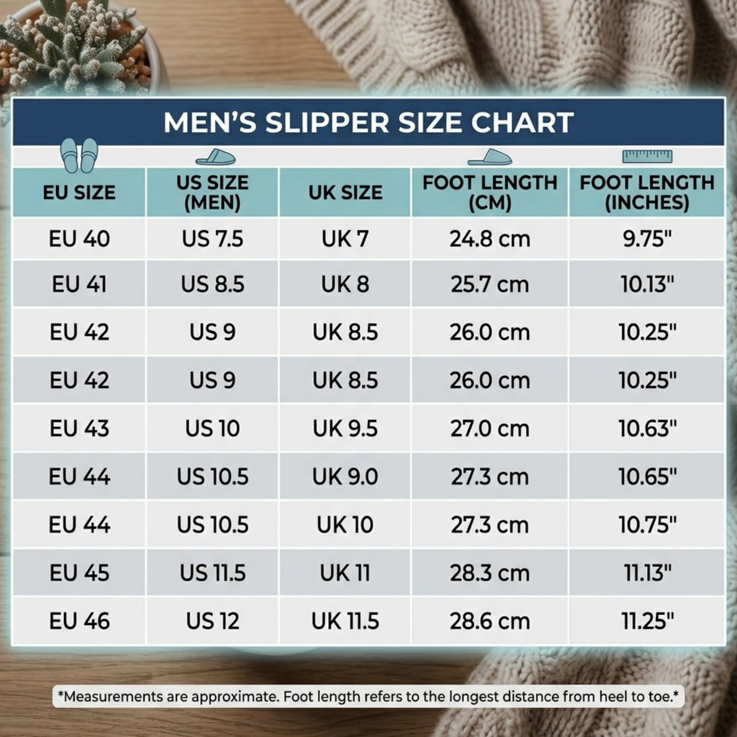 Men's slipper size chart with EU, US, and UK measurements on a wooden surface.