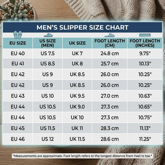 Men's slipper size chart with EU, US, and UK measurements on a wooden surface.
