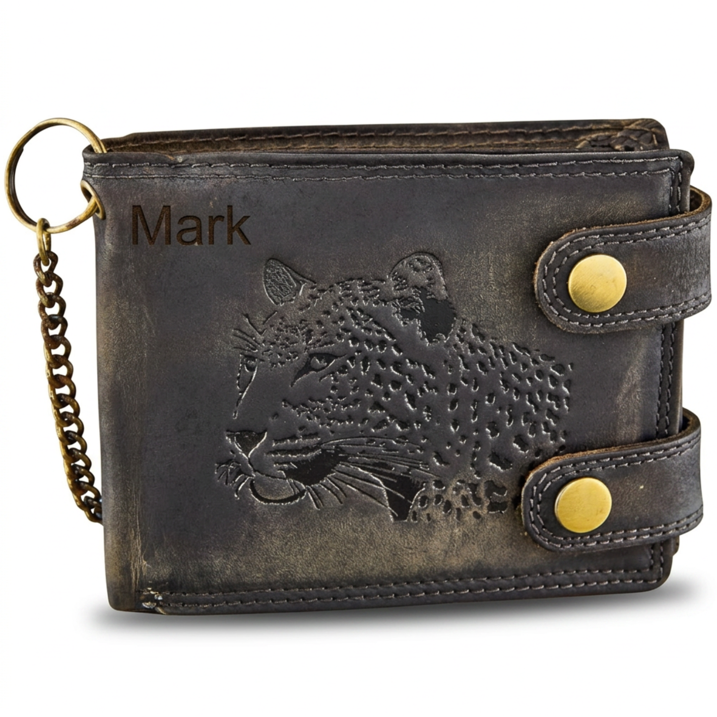 Personalized Leather wallet with leopard embossing and gold accents on a white background