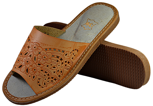 Handmade women's open toe leather house slides, lightweight EVA anti-slip sole - The Leather Gift Co