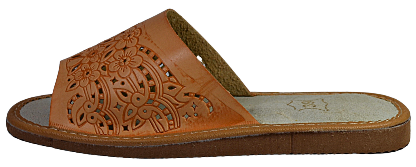 Side view of women's genuine leather barefoot open toe slippers, easy slip-on style - The Leather Gift Co