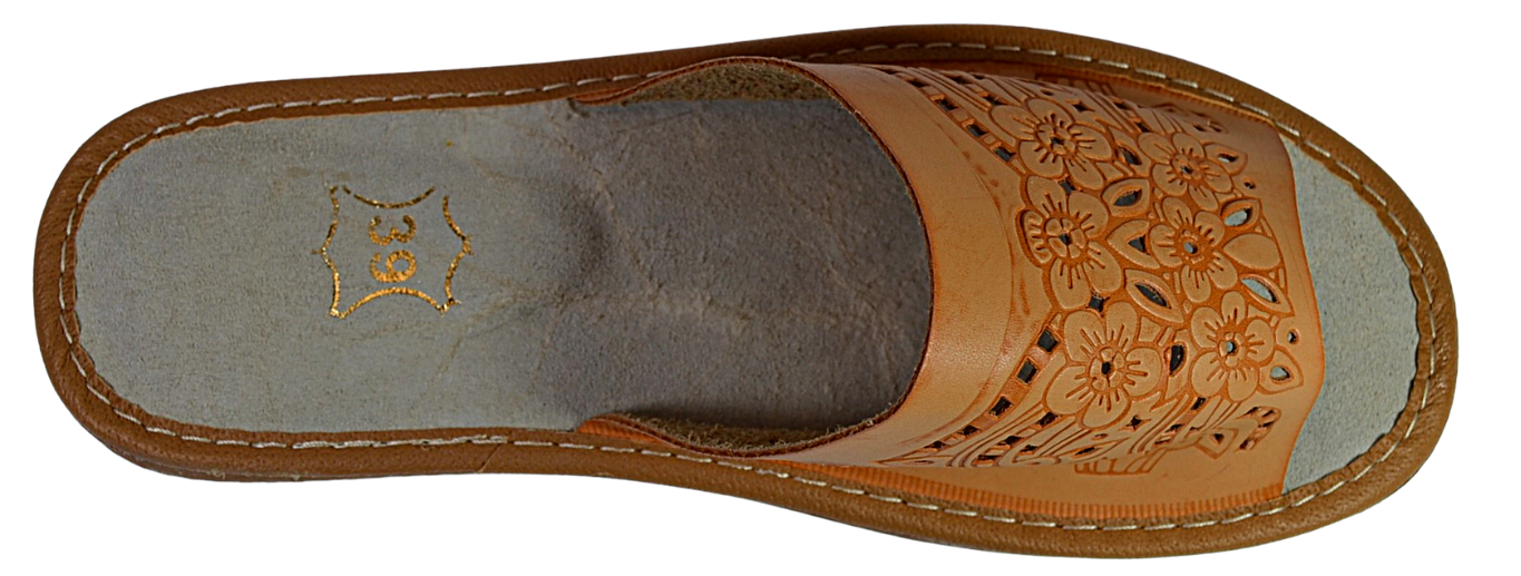 Close-up of cushioned sheepskin insole in women's handmade open toe leather slippers - The Leather Gift Co