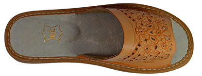 Close-up of cushioned sheepskin insole in women's handmade open toe leather slippers - The Leather Gift Co