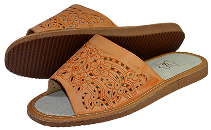 Pair of women's handmade genuine leather open toe house slides, free EU shipping - The Leather Gift Co