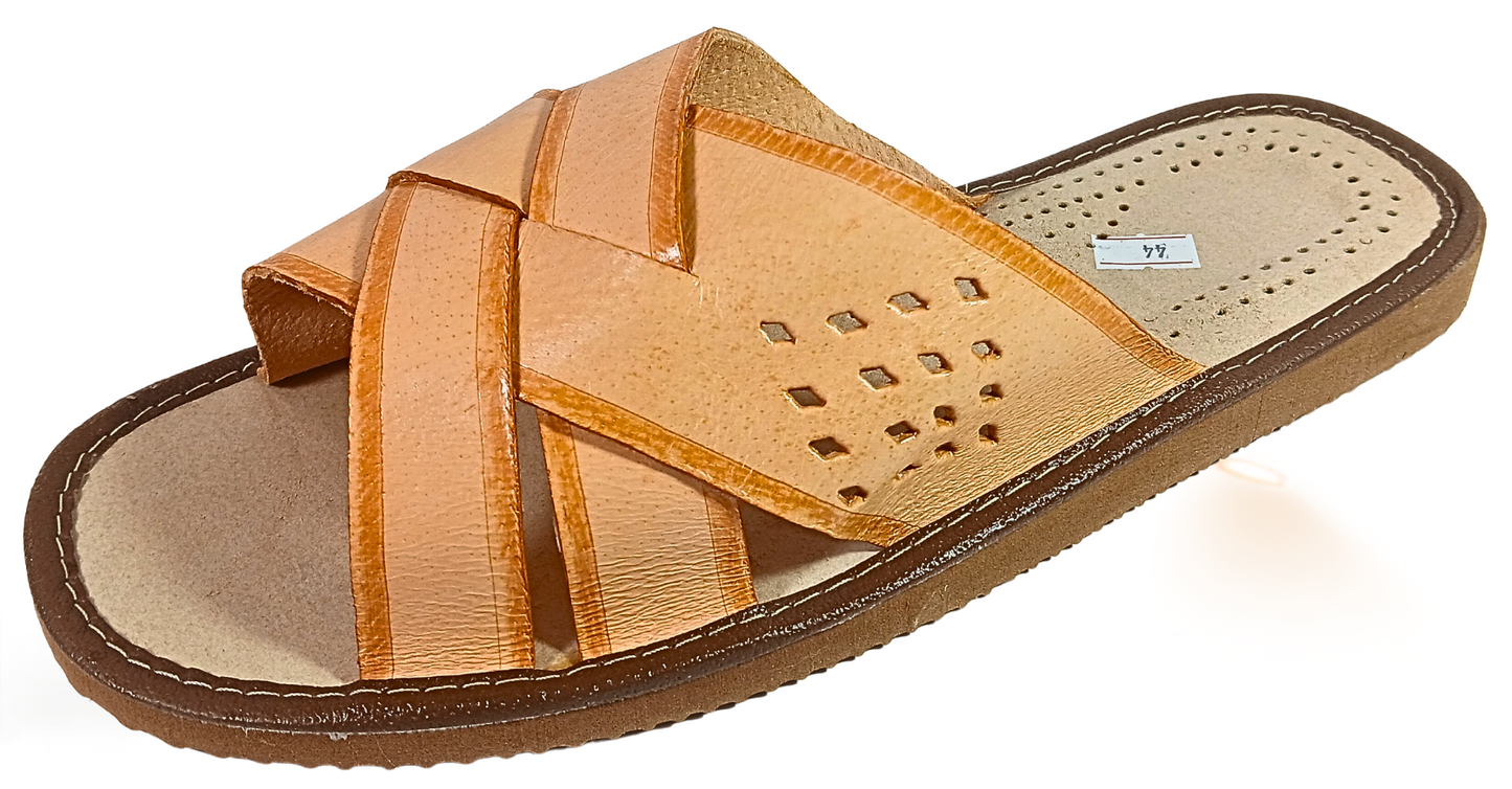 Men's handmade leather open-toe slide, side view showing crossover strap and flexible rubber sole, handmade in Poland – The Leather Gift Co