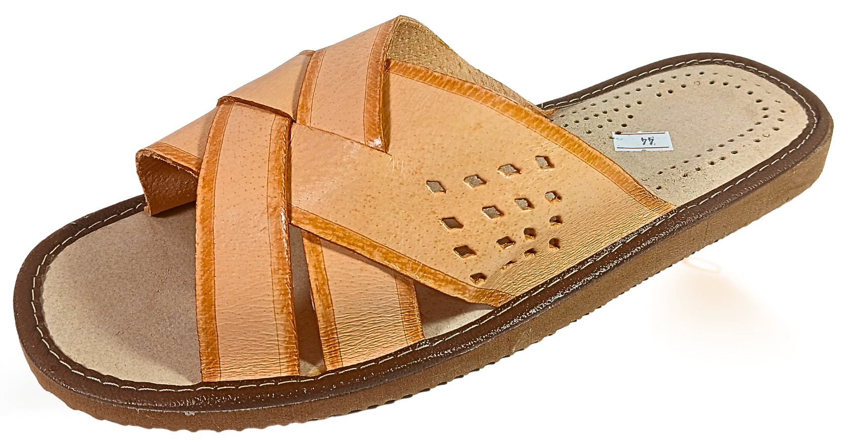 Men's handmade leather open-toe slide, side view showing crossover strap and flexible rubber sole, handmade in Poland – The Leather Gift Co