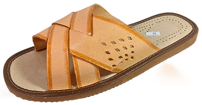 Men's handmade leather open-toe slide, side view showing crossover strap and flexible rubber sole, handmade in Poland – The Leather Gift Co