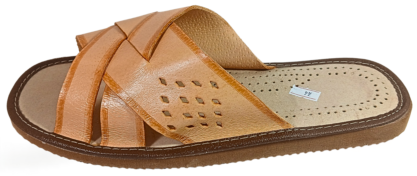 Angled view of men's beige leather house slide showing natural sheepskin insole, crossover leather strap and rubber sole, handmade in Poland