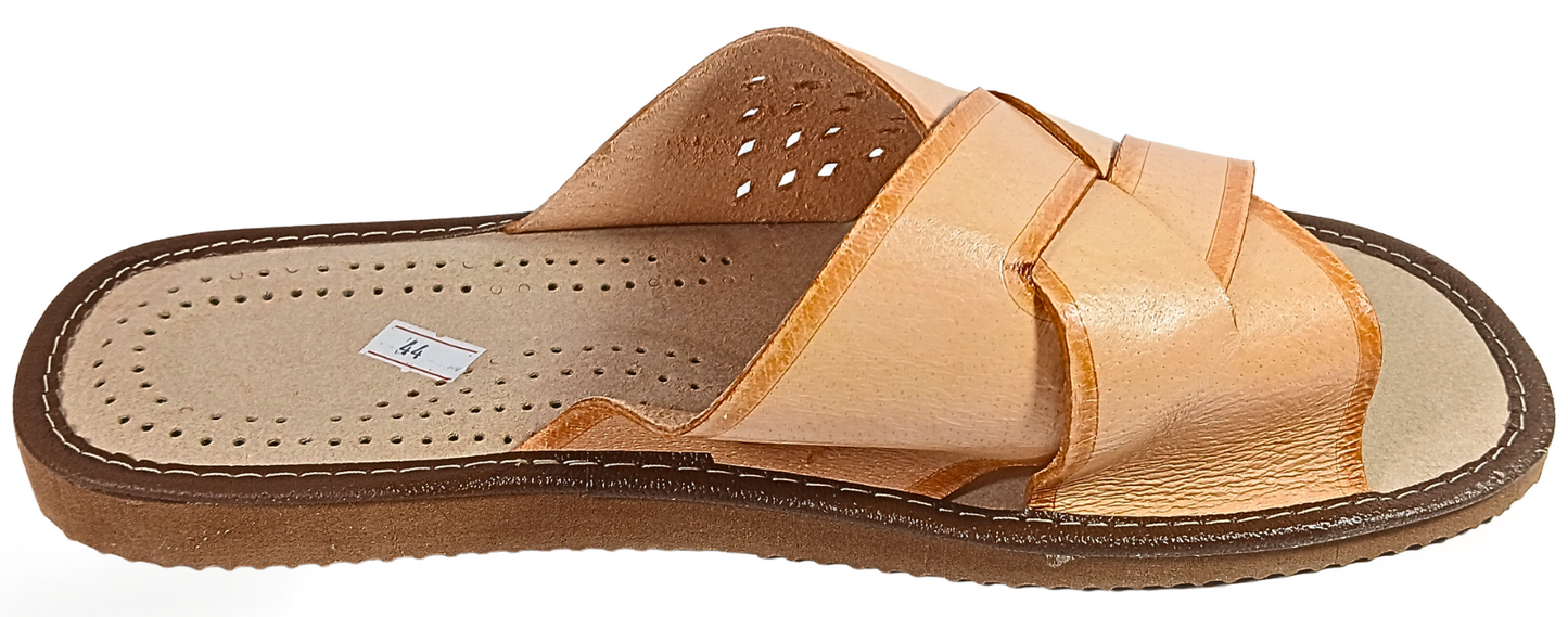 Rear angled view of men's leather open-toe slide showing heel area, sheepskin footbed edge and durable rubber outsole, handmade in Poland