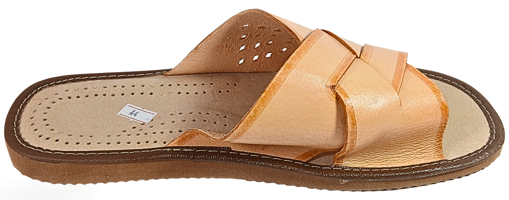 Rear angled view of men's leather open-toe slide showing heel area, sheepskin footbed edge and durable rubber outsole, handmade in Poland