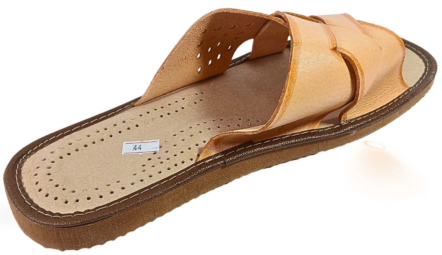 Front angled view of men's beige leather open-toe slide with woven crossover strap and cushioned sheepskin footbed, handmade in Poland