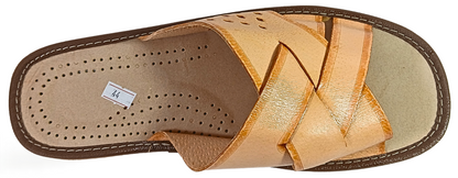 Side profile of men's handmade leather open-toe slipper showing crossover strap, perforated detail and chunky rubber outsole – The Leather Gift Co