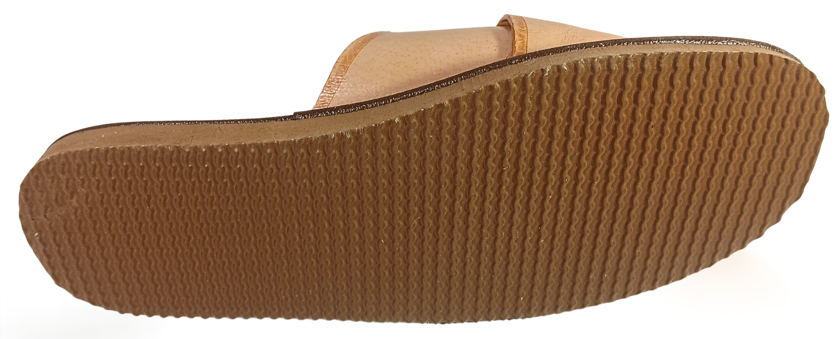 Three-quarter view of men's handmade beige leather house slide showing crossover strap construction and flexible rubber sole – The Leather Gift Co