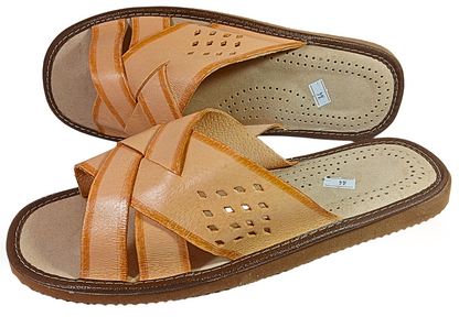 Top view of men's beige leather open-toe slide showing crossover strap design and perforated sheepskin footbed, handmade in Poland