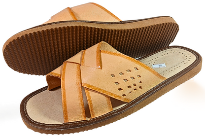 Bottom view of men's leather open-toe slide showing textured non-slip rubber sole, flexible and grippy on hardwood and tile floors