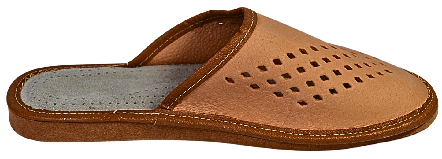 Hand-stitched natural leather upper detail on men's artisan house slippers from Poland