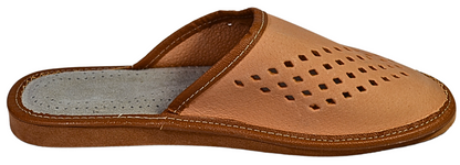 Hand-stitched natural leather upper detail on men's artisan house slippers from Poland