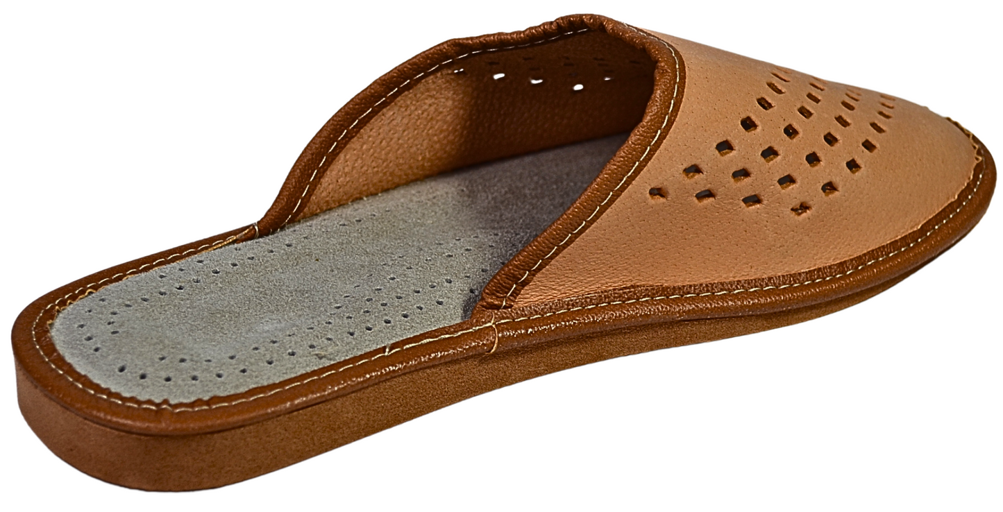 Hand-stitched natural leather upper detail on men's artisan house slippers from Poland