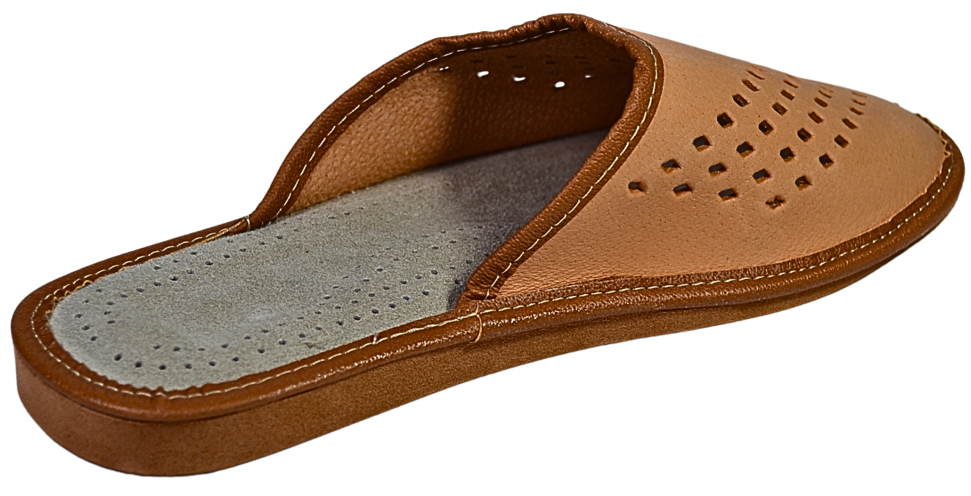 Hand-stitched natural leather upper detail on men's artisan house slippers from Poland