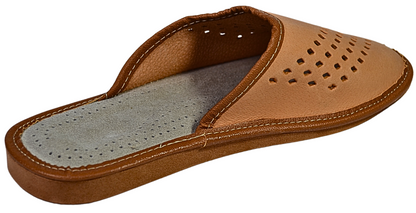 Hand-stitched natural leather upper detail on men's artisan house slippers from Poland