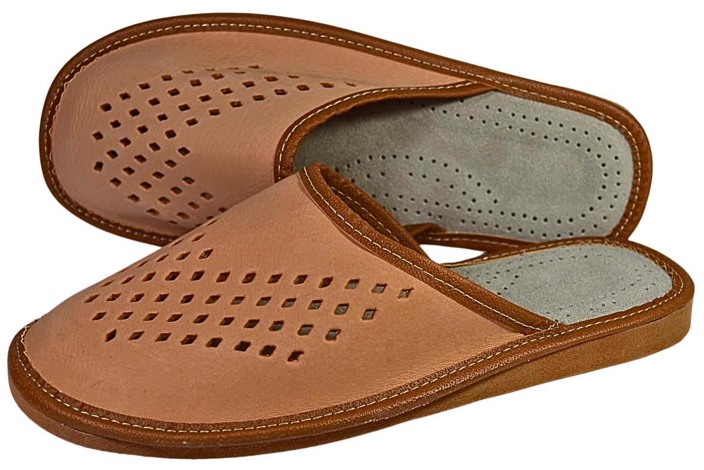 Pair of handmade men's leather house slippers, closed toe slip-on, The Leather Gift Co