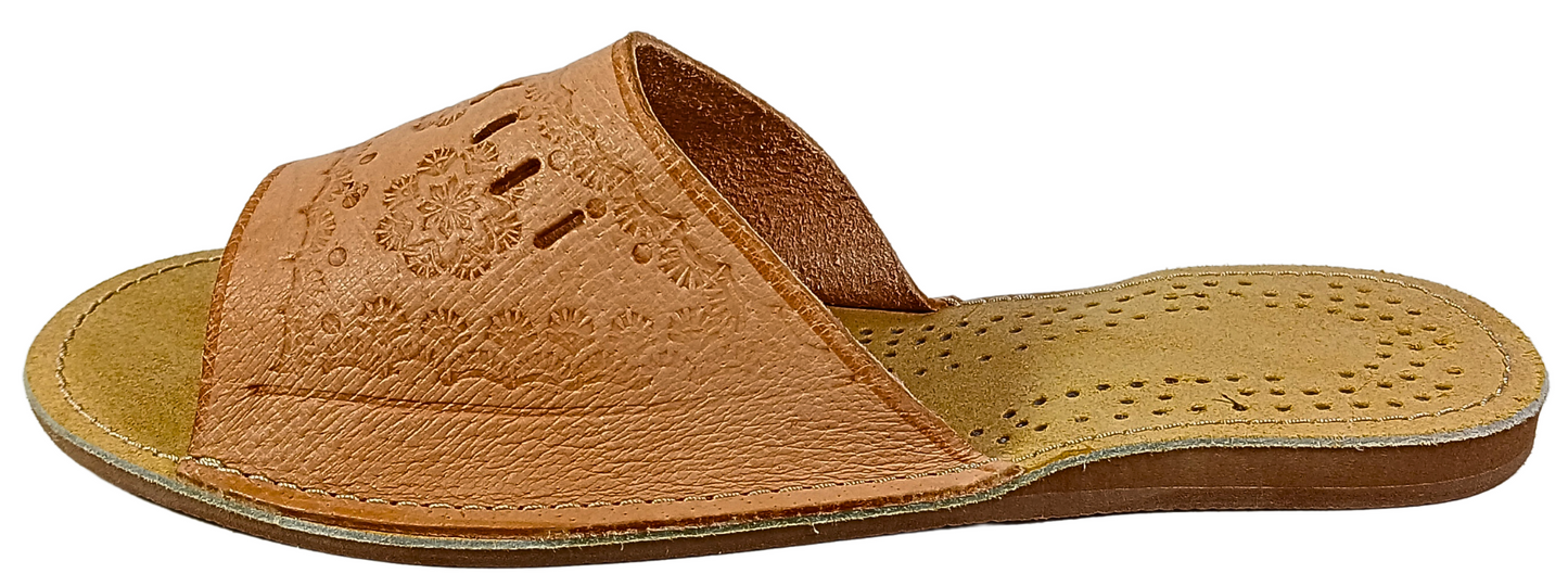 Side view of women's genuine leather bedroom slippers, open toe barefoot slide design - The Leather Gift Co