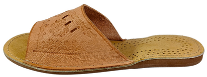 Side view of women's genuine leather bedroom slippers, open toe barefoot slide design - The Leather Gift Co