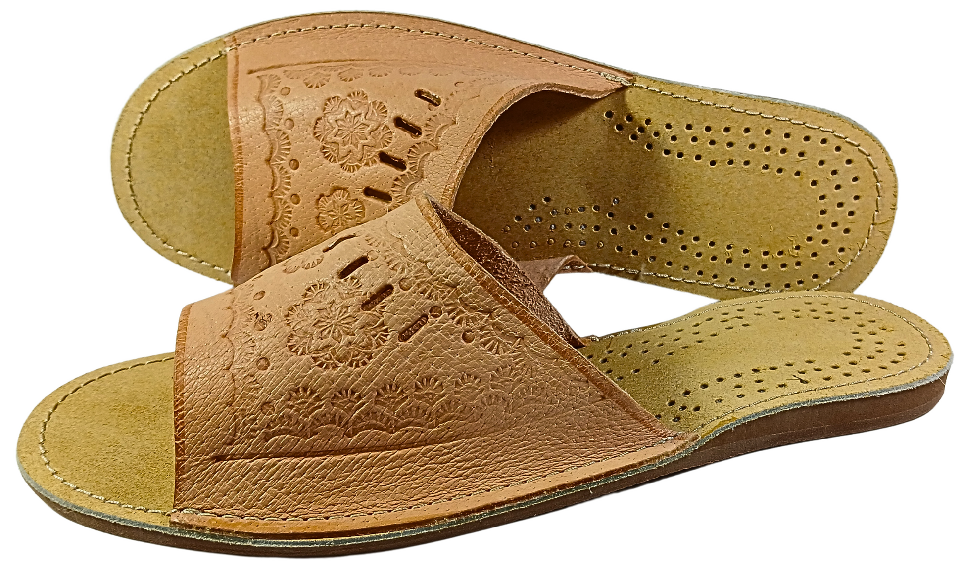 Top view of ladies' handmade leather bedroom slippers, open toe easy slip-on style - The Leather Gift Co
