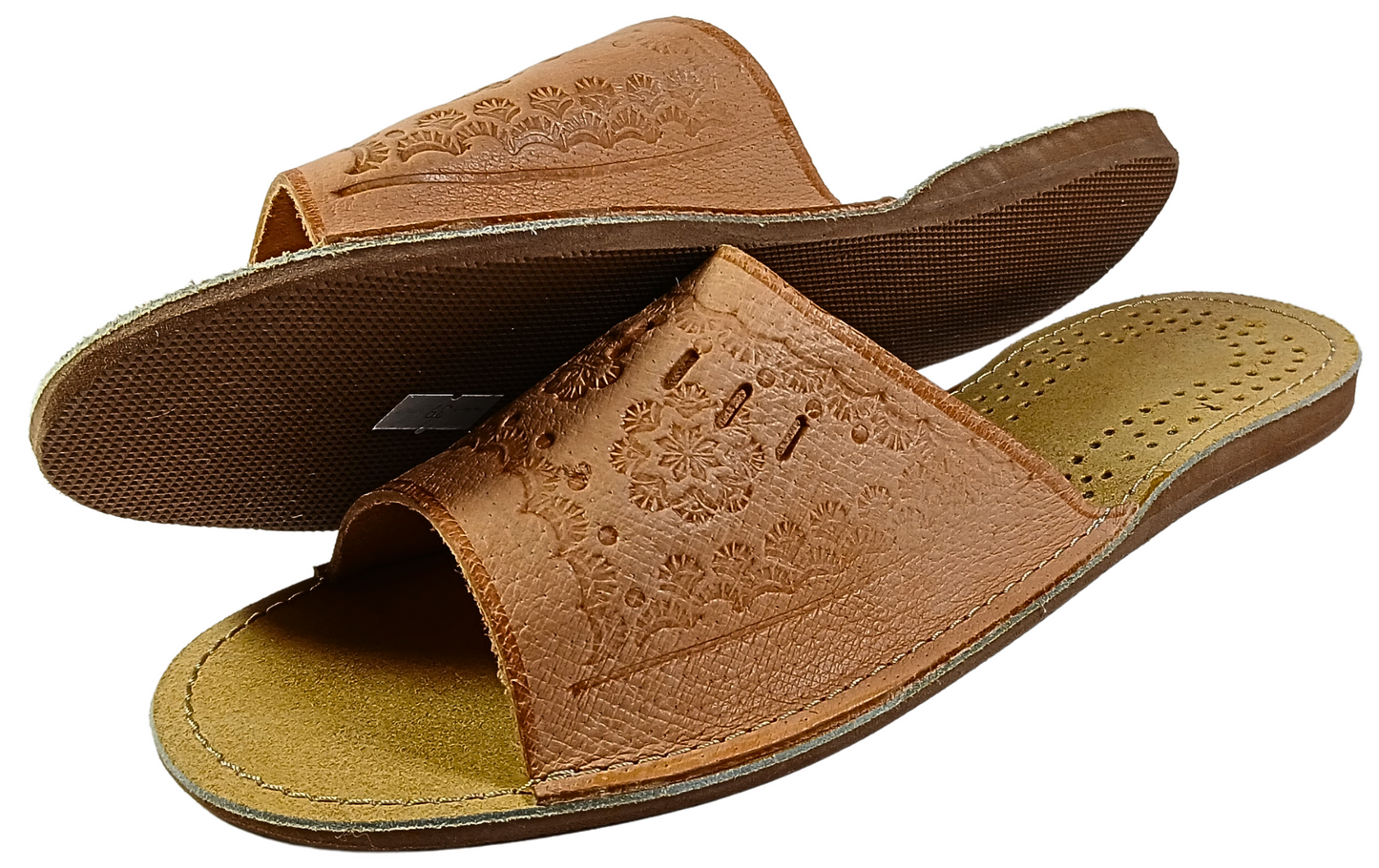 Close-up of cushioned sheepskin footbed in women's genuine leather bedroom house shoes - The Leather Gift Co