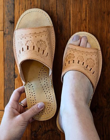 Women's handmade genuine leather bedroom slippers, open toe barefoot house shoes, made in Poland - The Leather Gift Co