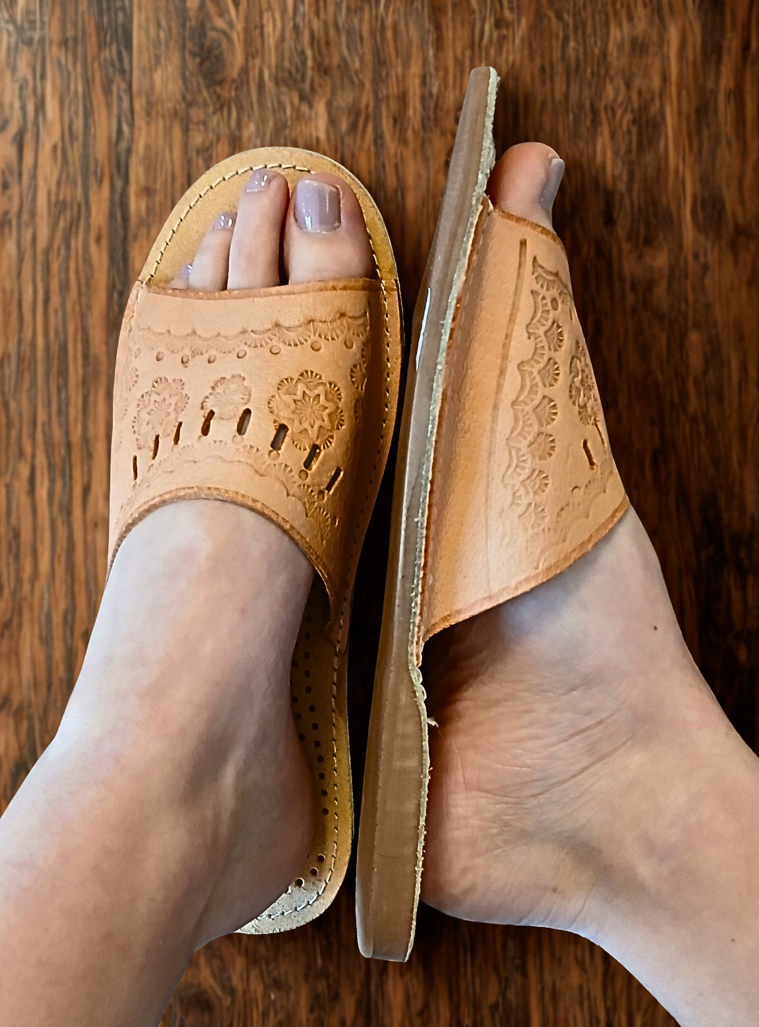 Ladies' open toe leather bedroom slippers, cushioned sheepskin footbed, easy slip-on style - The Leather Gift Co