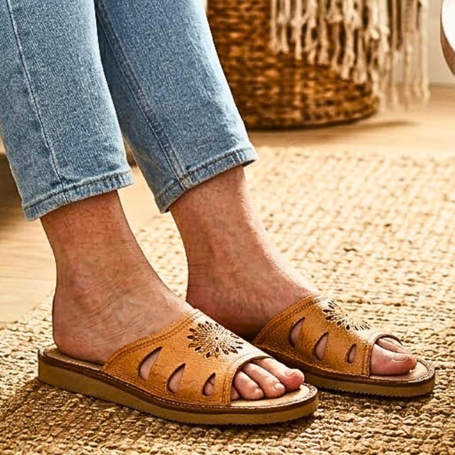 Brown genuine leather women's slide slipper — top view showing sheepskin footbed and rubber outsole