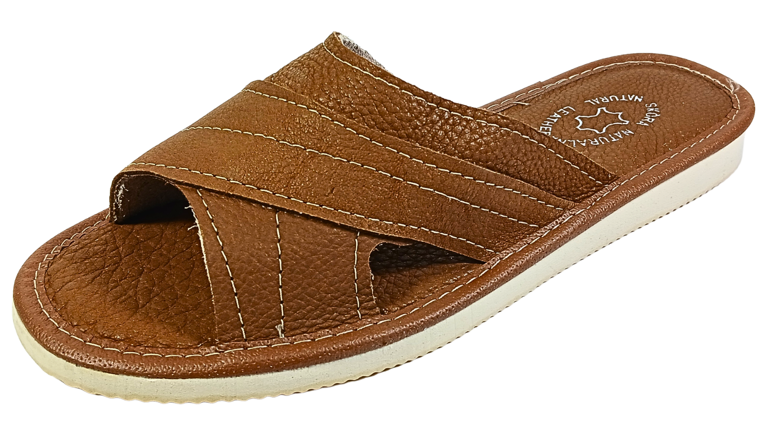 Women's handmade brown leather open toe slippers – front view – The Leather Gift Co