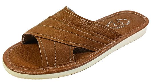 Women's handmade brown leather open toe slippers – front view – The Leather Gift Co