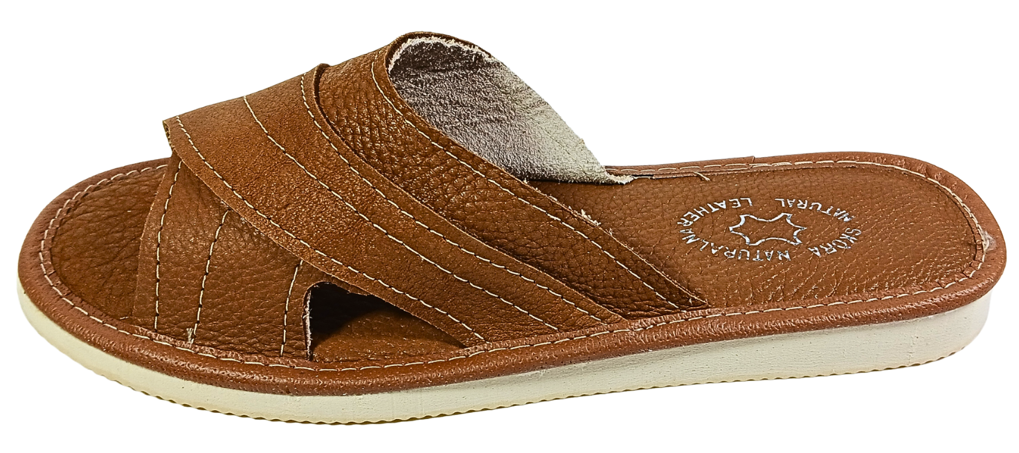 Handmade brown leather women's slippers – open toe, back view – The Leather Gift Co