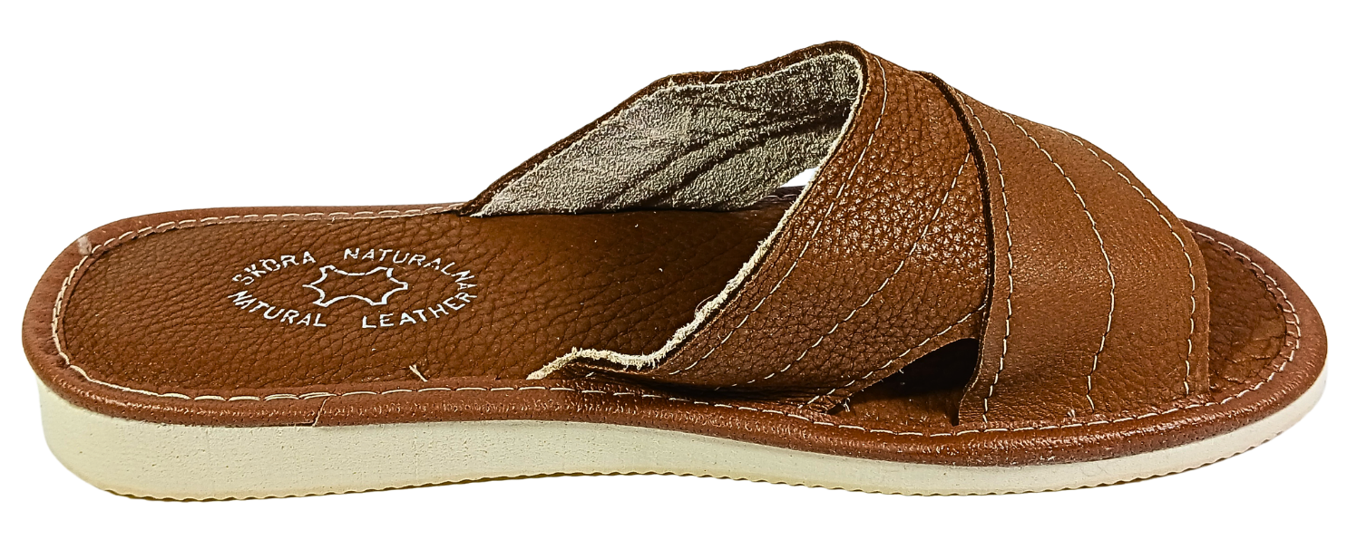 Brown leather open toe slippers for women – 3/4 angle view – handmade in Poland