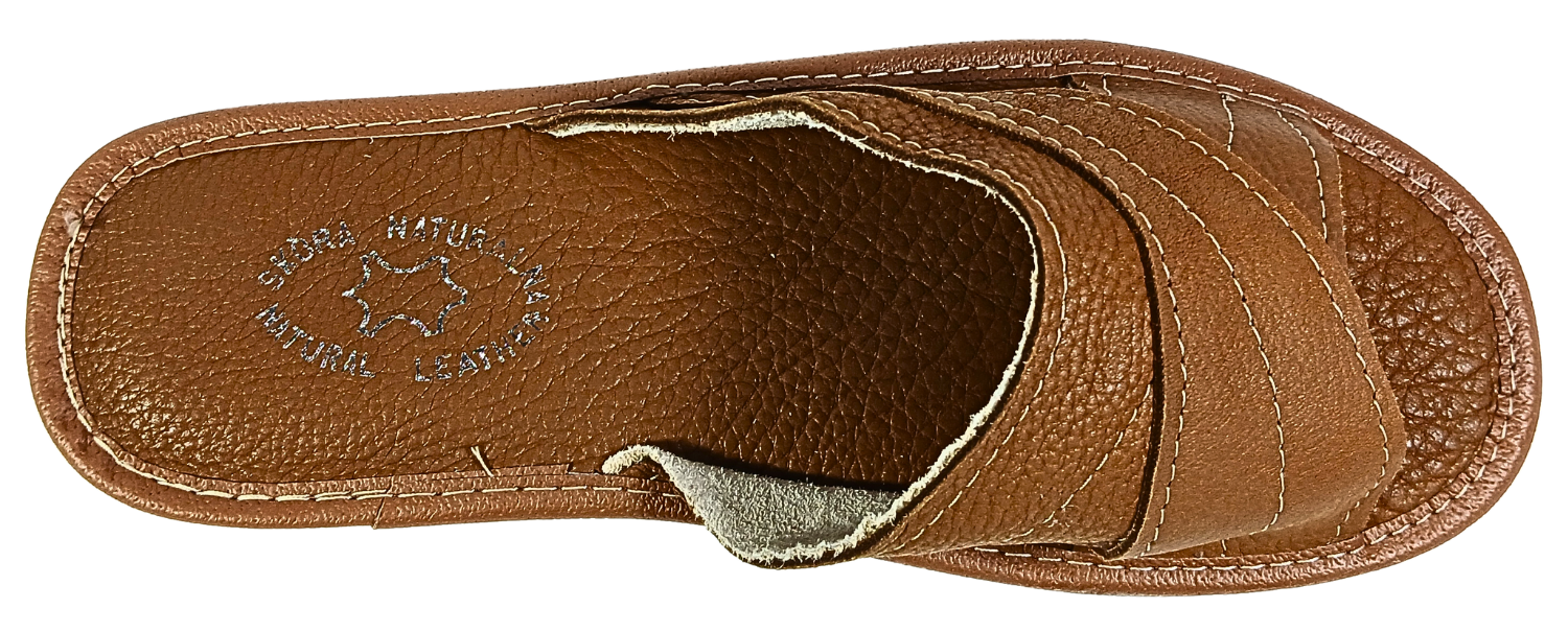 Brown leather open toe slippers – sheepskin footbed close-up – handmade in Poland