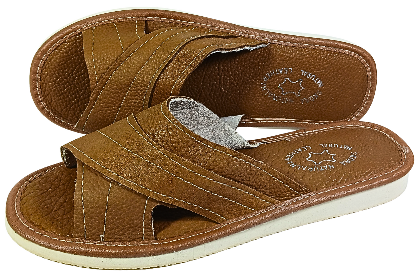 Women's open toe leather slippers on foot – brown, lifestyle shot – made in Poland