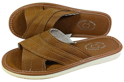 Women's open toe leather slippers on foot – brown, lifestyle shot – made in Poland
