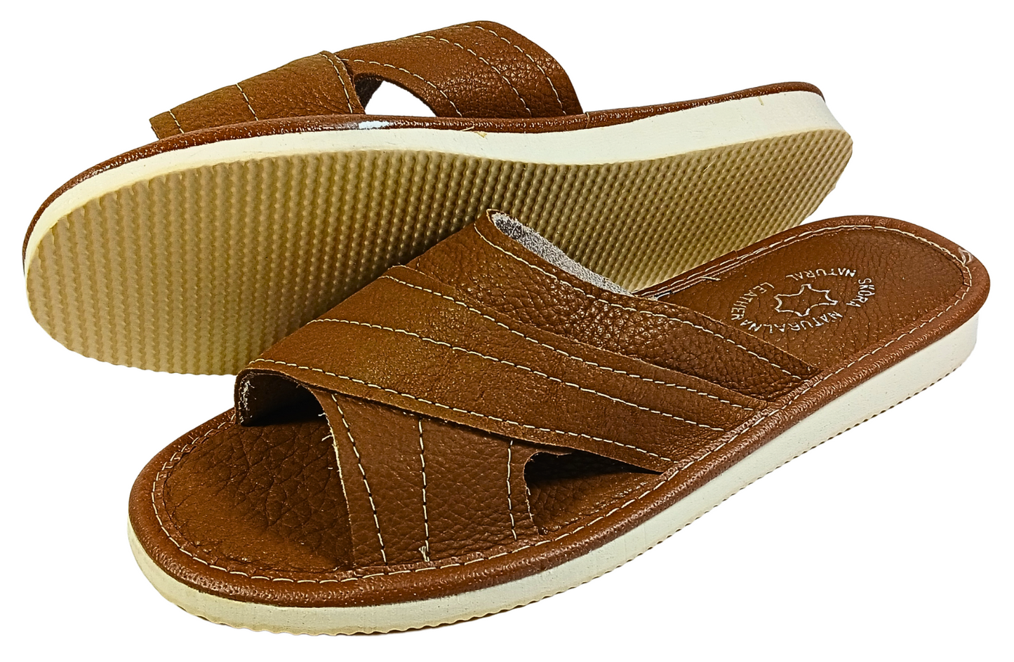 Brown leather slide slippers for women – close-up of cross-strap detail – Poland