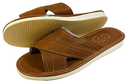Brown leather slide slippers for women – close-up of cross-strap detail – Poland