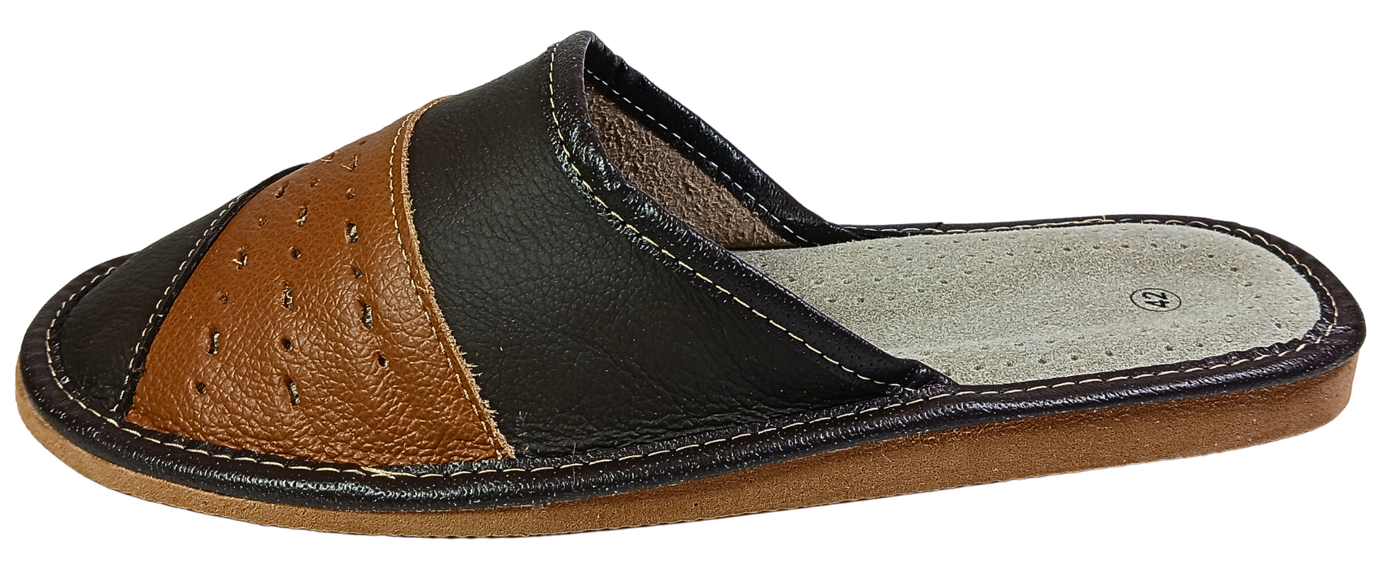 Traditional sheepskin slippers for men, side view, closed toe indoor mules - The Leather Gift Co
