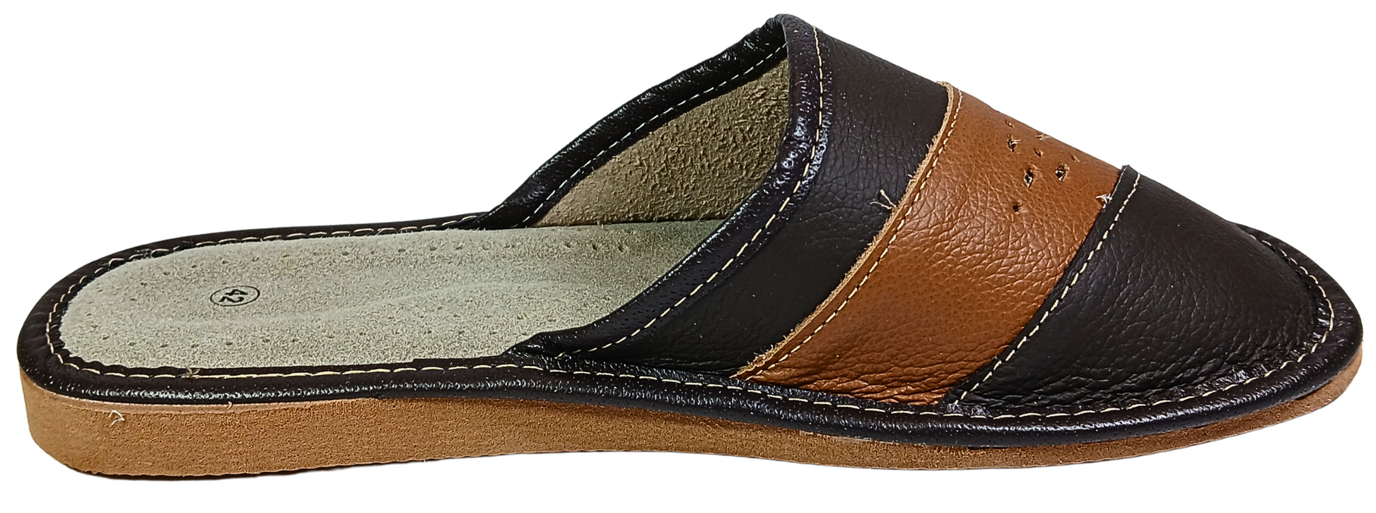 Handmade men's sheepskin slippers, front view, cushioned insole, made in Poland - The Leather Gift Co