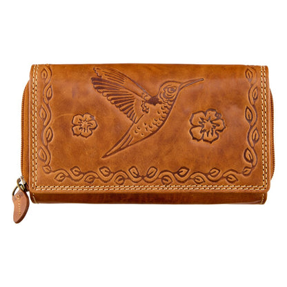 Orange RFID Buffalo Leather Zip-Around Wallet for Women | Boho Bird & Floral Embossed Purse | The Leather Gift Co